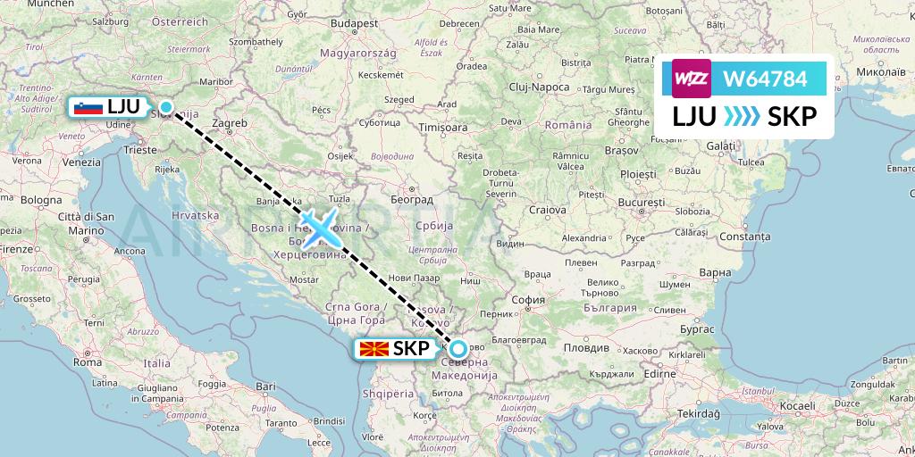 W64784 Wizz Air Flight Map: Ljubljana to Skopje