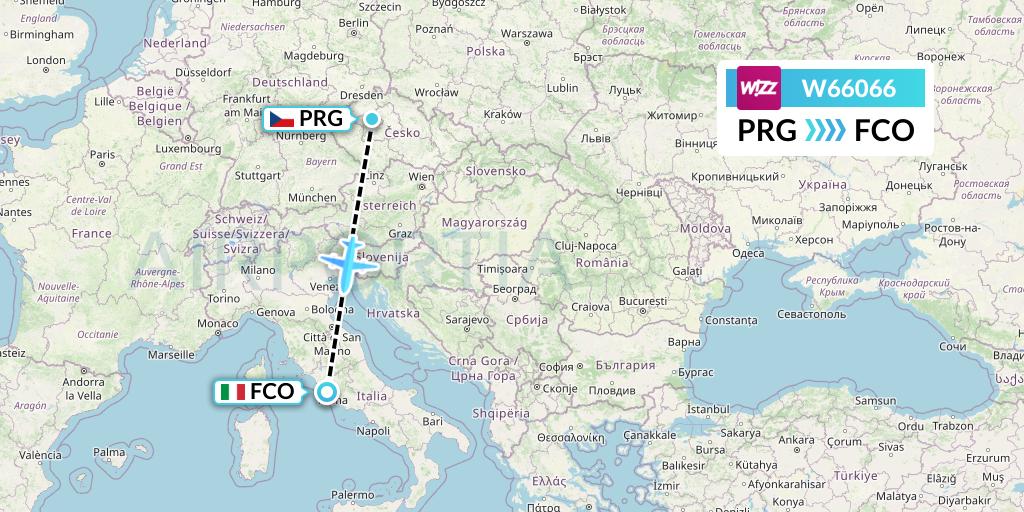 W66066 Wizz Air Flight Map: Prague to Rome