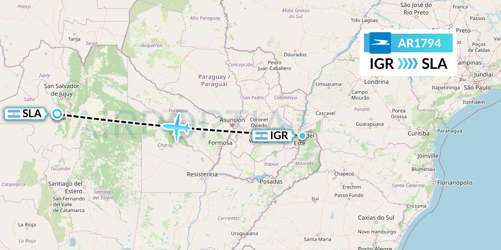 AR1794 Aerolineas Argentinas Flight Map: Puerto Iguazu to Salta