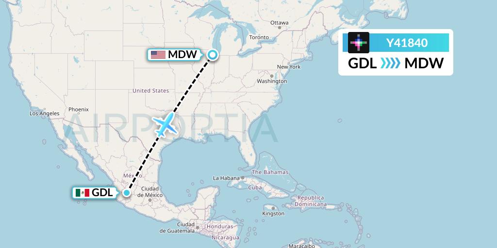 Y41840 Volaris Flight Map: Guadalajara to Chicago