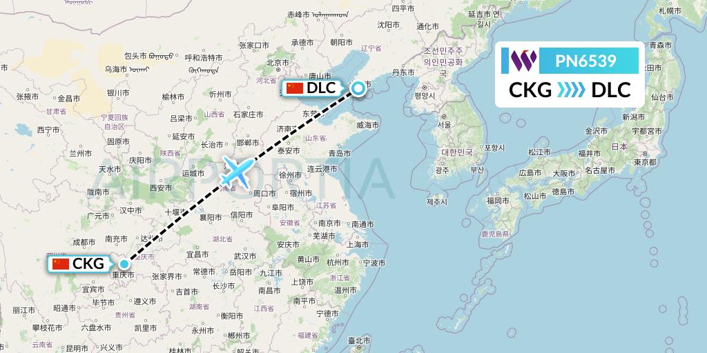 PN6539 China West Air Flight Map: Chongqing to Dalian