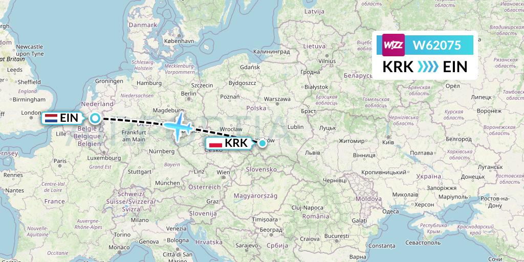 W62075 Wizz Air Flight Map: Krakow to Eindhoven