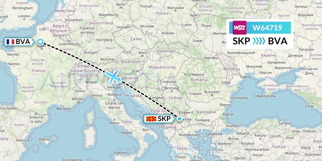 W64719 Wizz Air Flight Map: Skopje to Paris