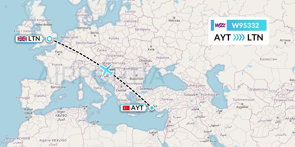 W95332 Wizz Air UK Flight Map: Antalya to London