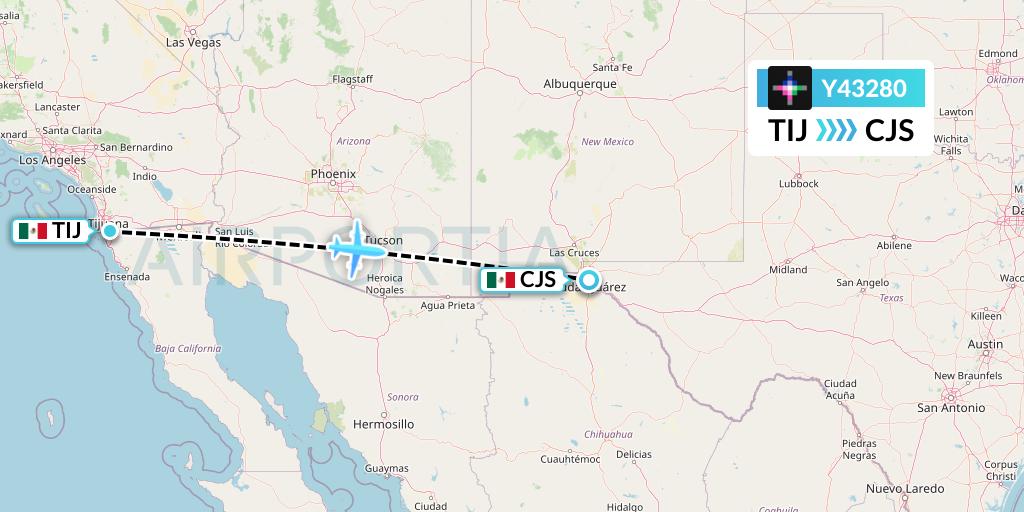 Y43280 Volaris Flight Map: Tijuana to Ciudad Juarez