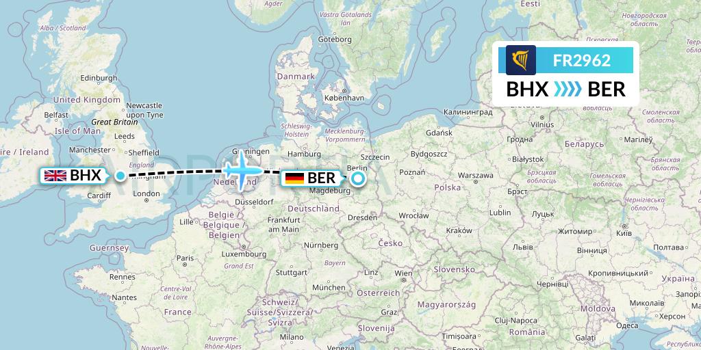 FR2962 Ryanair Flight Map: Birmingham to Berlin