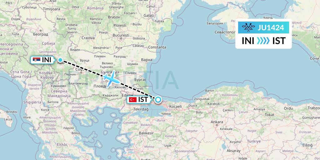 JU1424 AirSERBIA Flight Map: Nis to Istanbul
