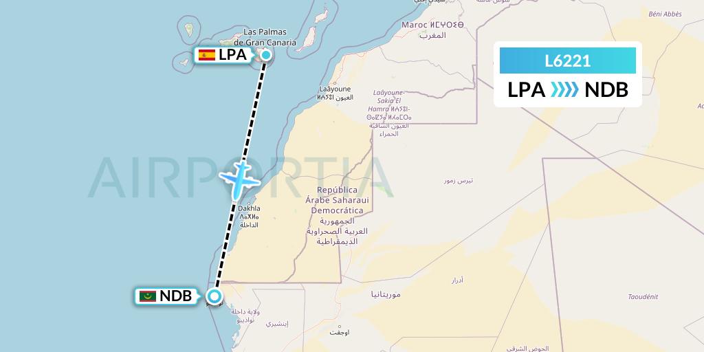 L6221 Mauritania Airlines International Flight Map: Las Palmas to Nouadhibou