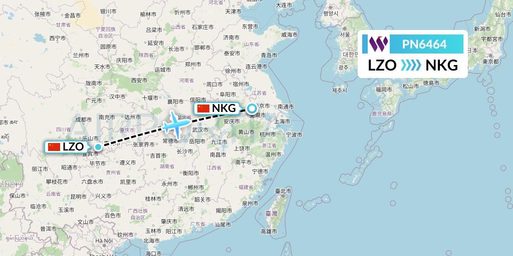 PN6464 China West Air Flight Map: Luzhou to Nanjing