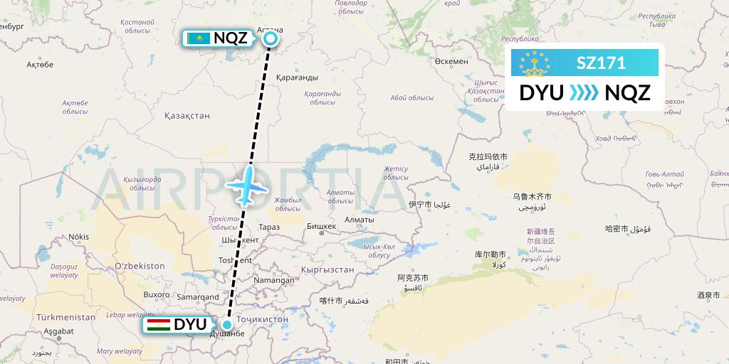 SZ171 Somon Air Flight Map: Dushanbe to Astana