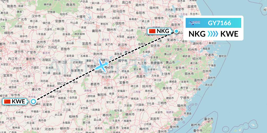 GY7166 Colorful GuiZhou Airlines Flight Map: Nanjing to Guiyang