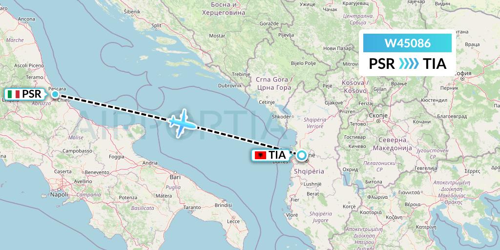 W45086 Wizz Air Malta Flight Map: Pescara to Tirana