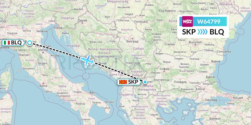 W64799 Wizz Air Flight Map: Skopje to Bologna