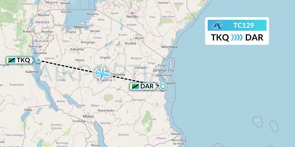 TC129 Air Tanzania Flight Map: Kigoma to Dar-es-Salaam
