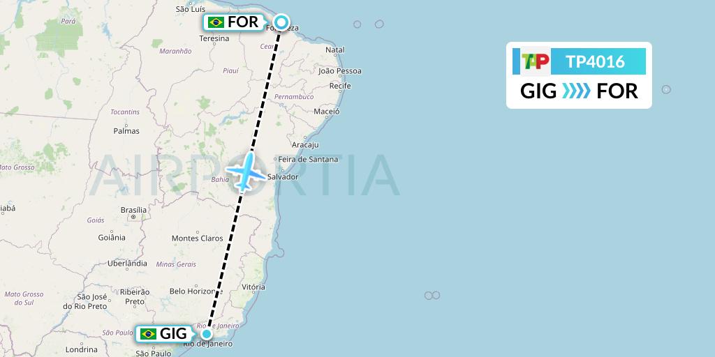 TP4016 TAP Portugal Flight Map: Rio de Janeiro to Fortaleza