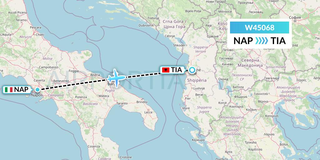 W45068 Wizz Air Malta Flight Map: Naples to Tirana