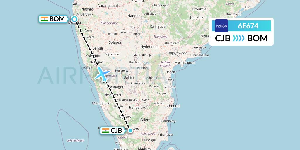 6E674 IndiGo Airlines Flight Map: Coimbatore to Mumbai
