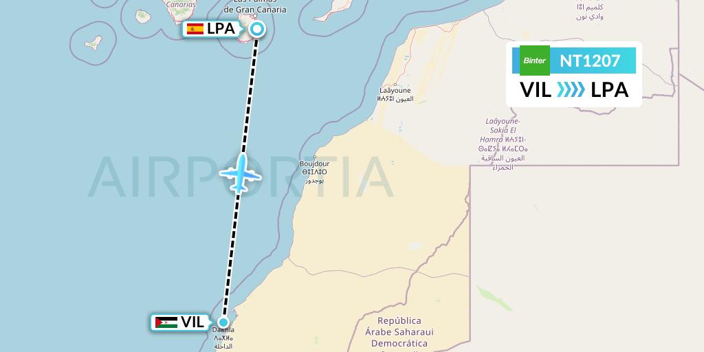 NT1207 Binter Canarias Flight Map: Dakhla to Las Palmas