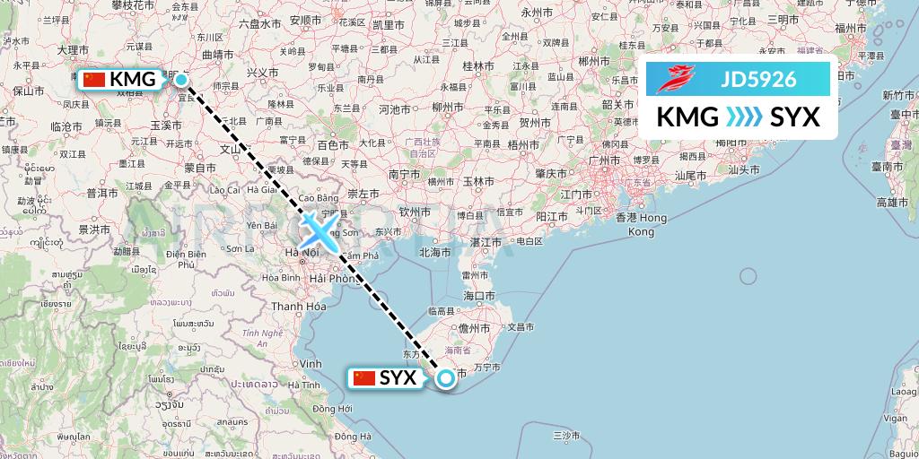 JD5926 Capital Airlines Flight Map: Kunming to Sanya