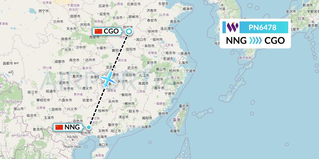PN6478 China West Air Flight Map: Nanning to Zhengzhou