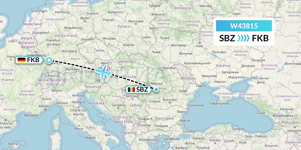 W43815 Wizz Air Malta Flight Map: Sibiu to Karlsruhe/Baden-Baden