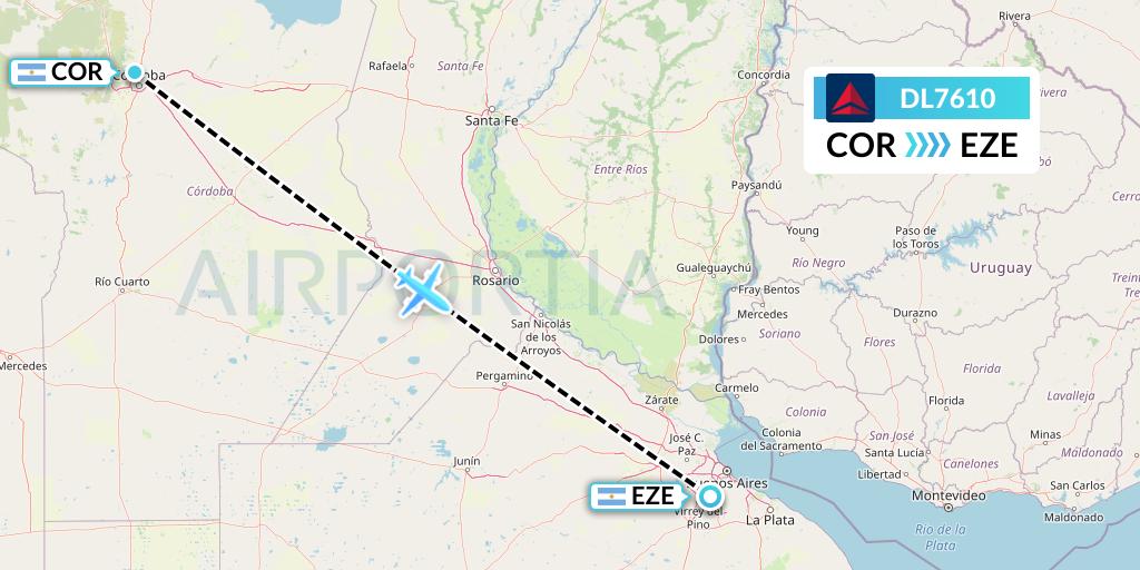 DL7610 Delta Air Lines Flight Map: Cordoba to Buenos Aires