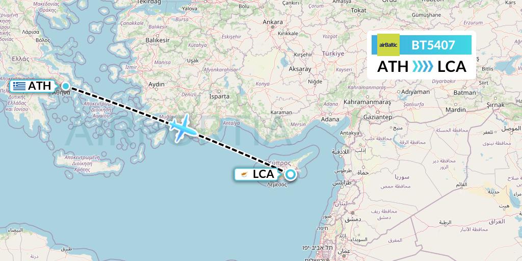 BT5407 Air Baltic Flight Map: Athens to Larnaca