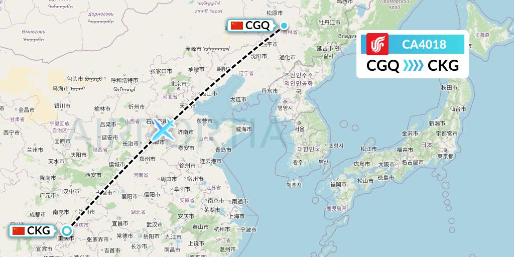 CA4018 Air China Flight Map: Changchun to Chongqing