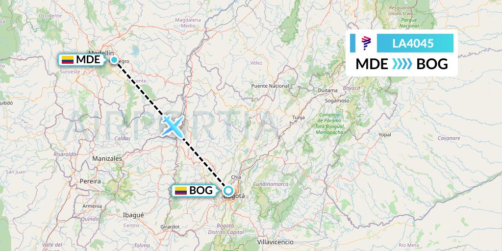 LA4045 LAN Airlines Flight Map: Medellin to Bogota