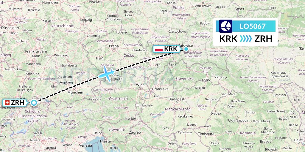 LO5067 LOT Flight Map: Krakow to Zurich