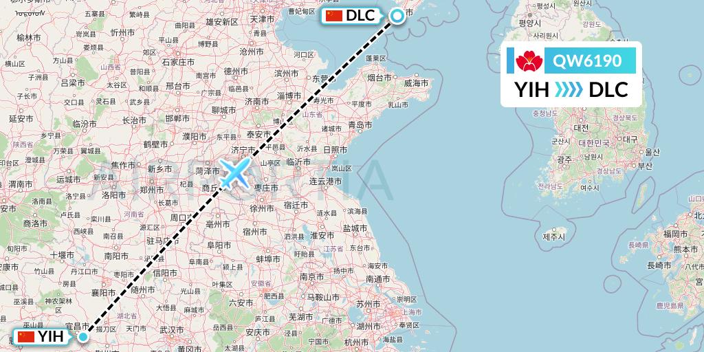 QW6190 Qingdao Airlines Flight Map: Yichang to Dalian