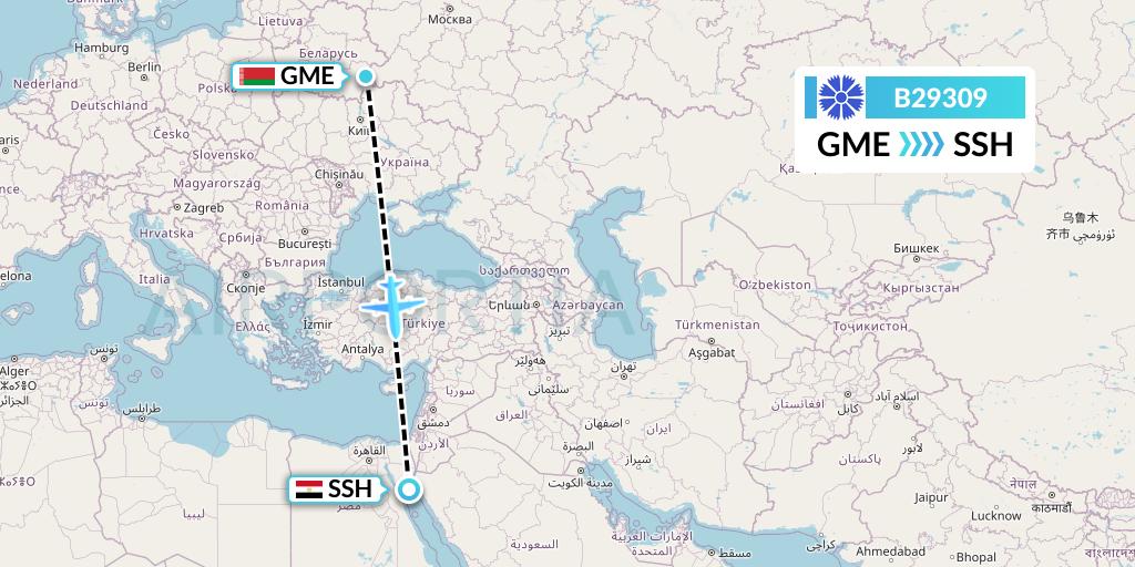B29309 Belavia Flight Map: Gomel to Sharm el-Sheikh