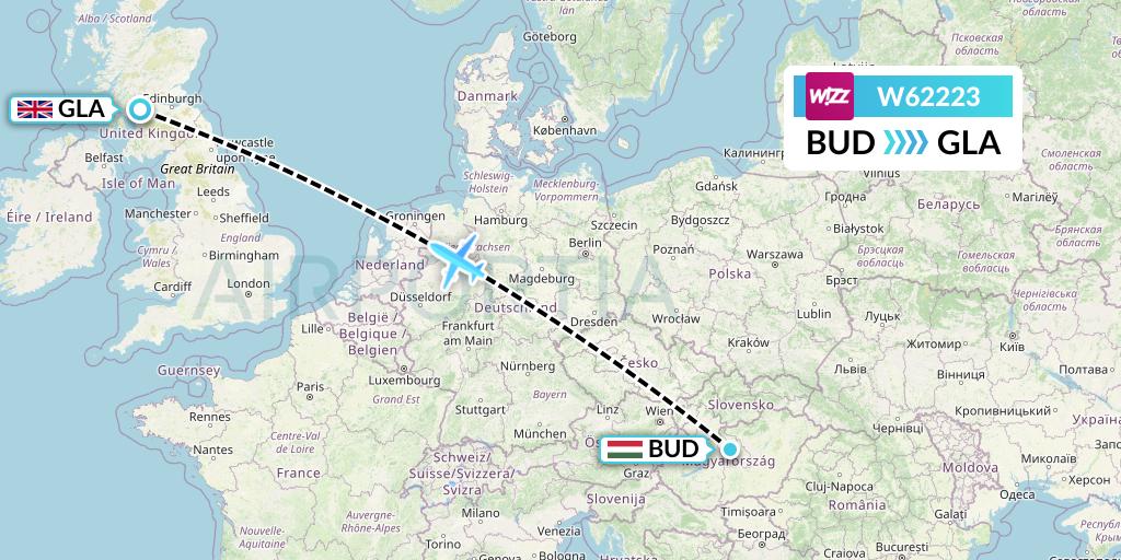 W62223 Wizz Air Flight Map: Budapest to Glasgow