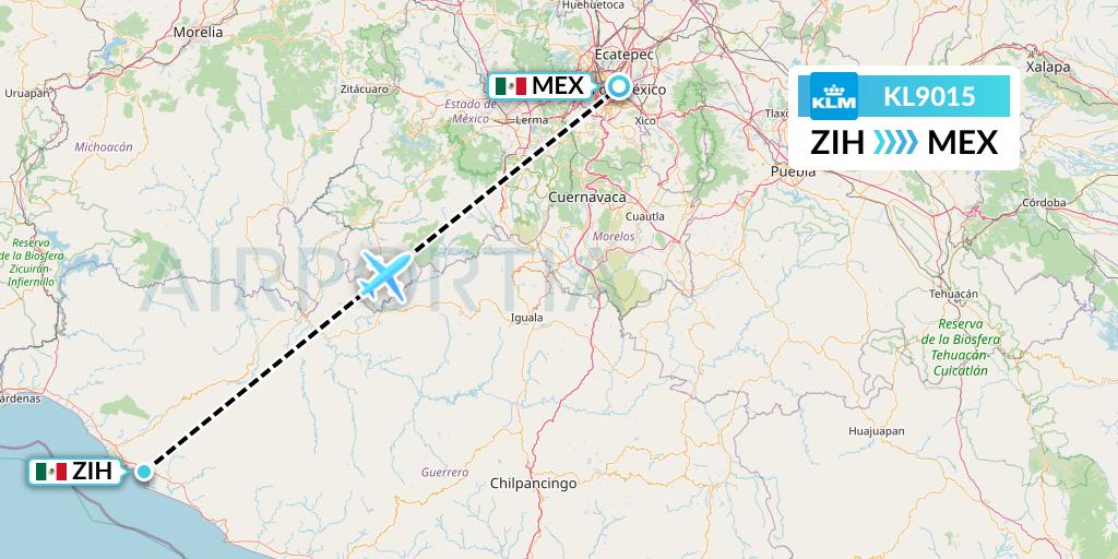 KL9015 KLM Flight Map: Zihuatanejo to Mexico City