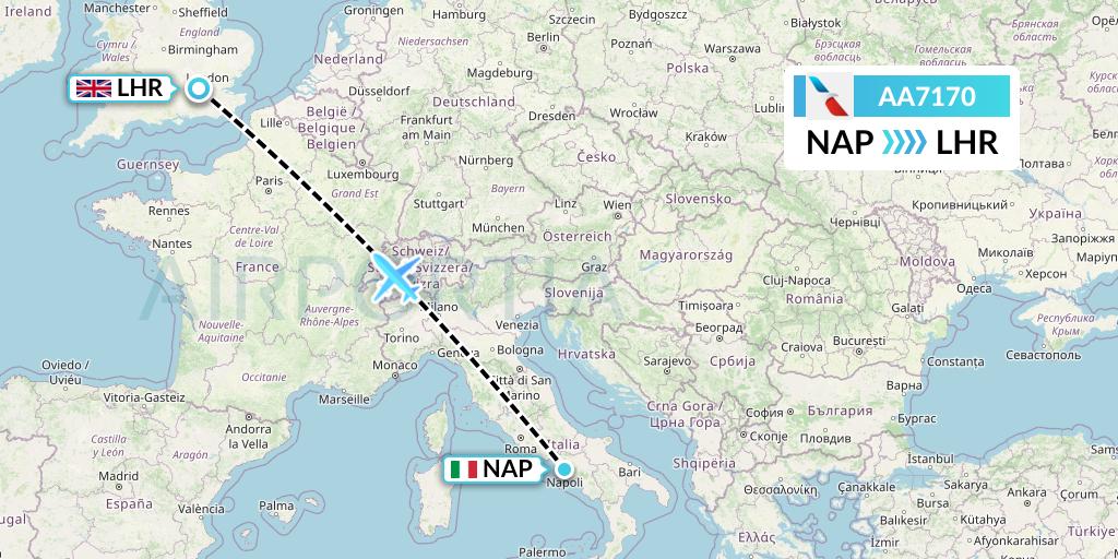 AA7170 American Airlines Flight Map: Naples to London