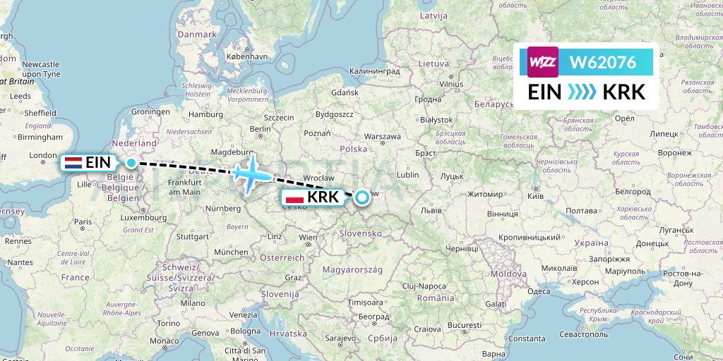 W62076 Wizz Air Flight Map: Eindhoven to Krakow