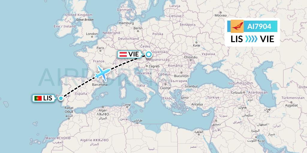 AI7904 Air India Flight Map: Lisbon to Vienna