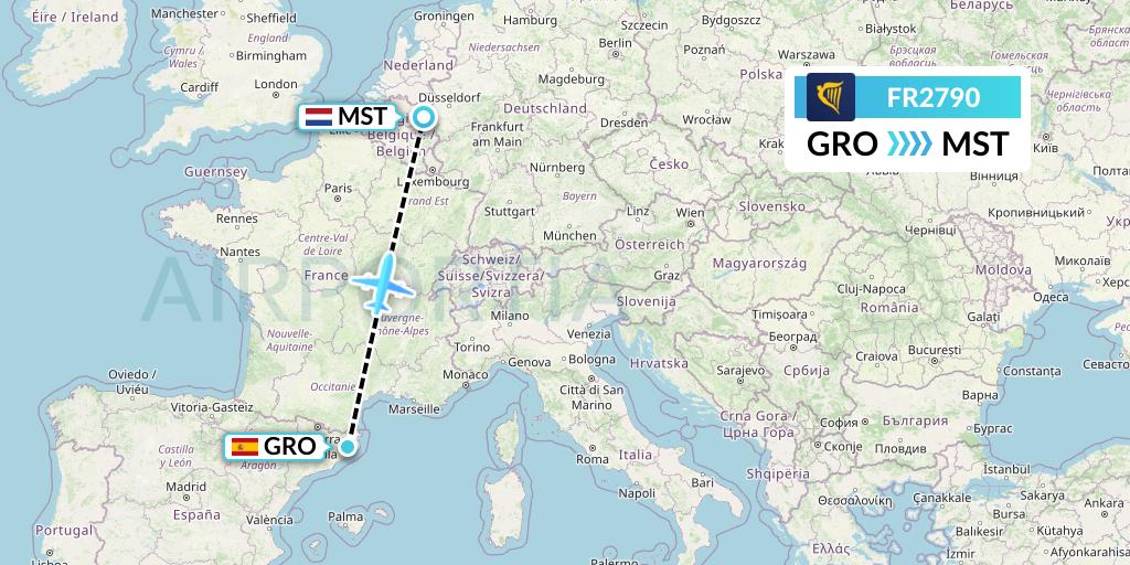 FR2790 Ryanair Flight Map: Girona to Maastricht