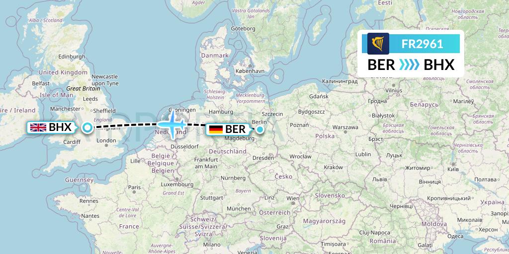 FR2961 Ryanair Flight Map: Berlin to Birmingham