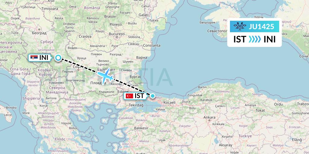 JU1425 AirSERBIA Flight Map: Istanbul to Nis