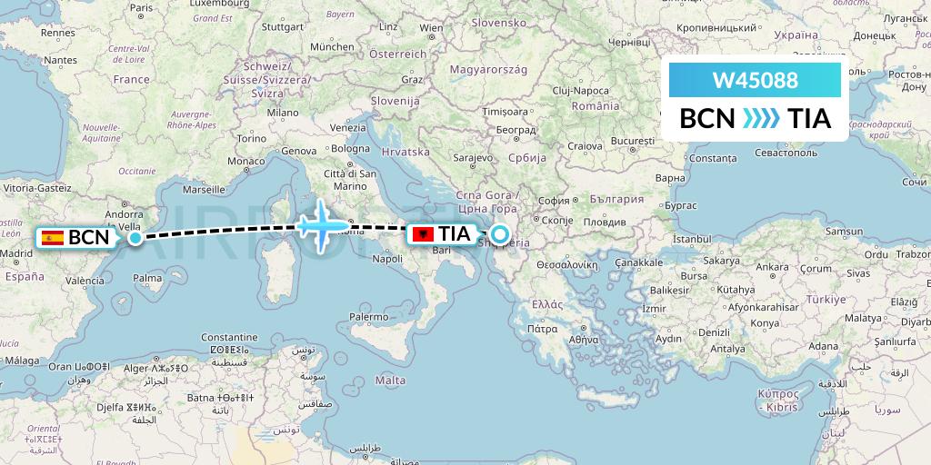 W45088 Wizz Air Malta Flight Map: Barcelona to Tirana