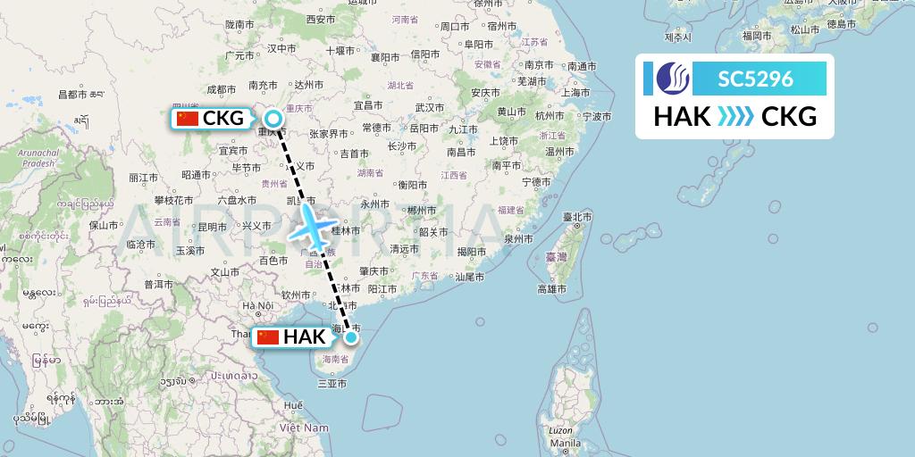SC5296 Shandong Airlines Flight Map: Haikou to Chongqing