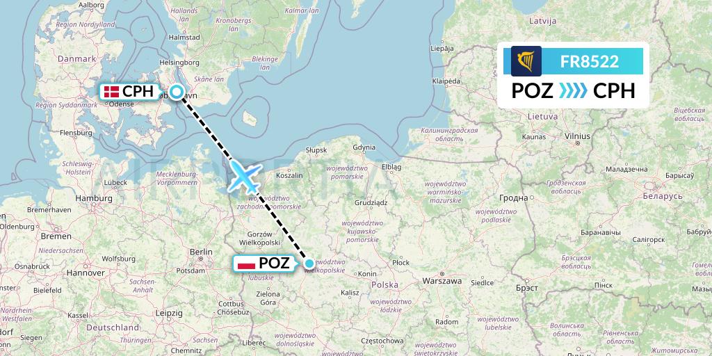 FR8522 Ryanair Flight Map: Poznan to Copenhagen