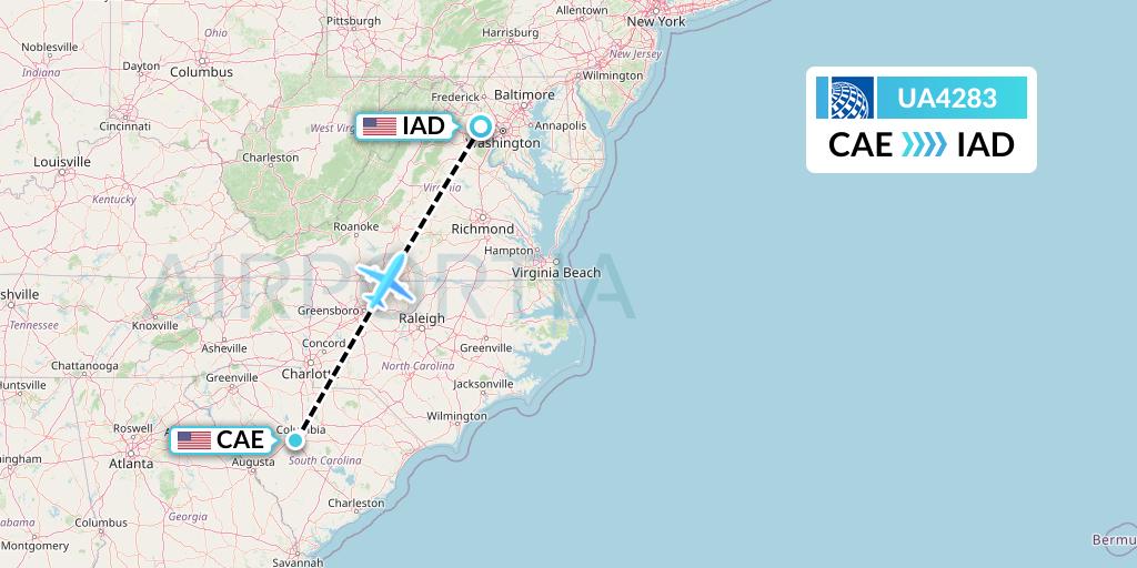 UA4283 United Airlines Flight Map: Columbia to Washington