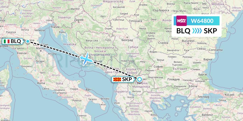W64800 Wizz Air Flight Map: Bologna to Skopje
