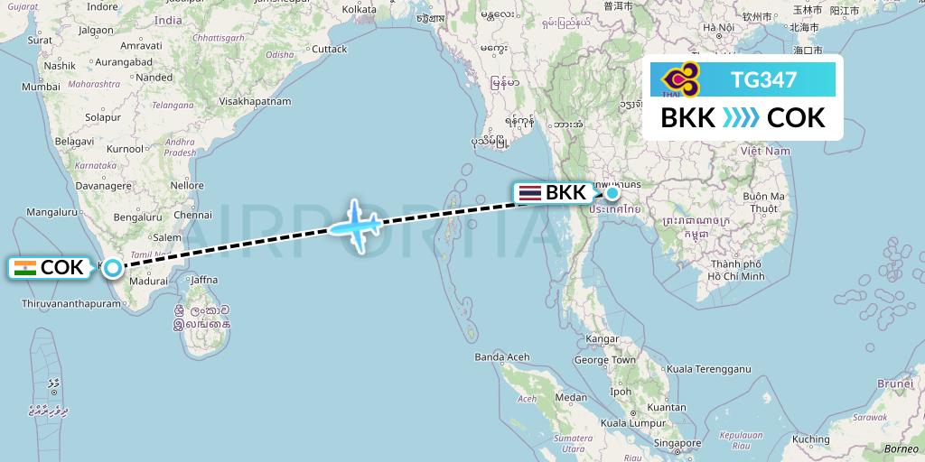 TG347 Thai Airways Flight Map: Bangkok to Cochin