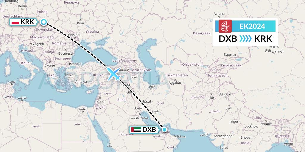EK2024 Emirates Flight Map: Dubai to Krakow