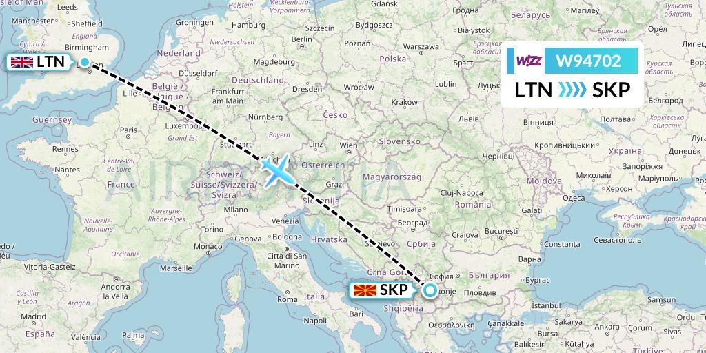 W94702 Wizz Air UK Flight Map: London to Skopje