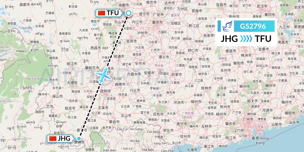 G52796 China Express Airlines Flight Map: Jinghong to Chengdu