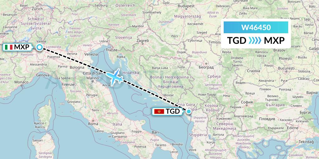 W46450 Wizz Air Malta Flight Map: Podgorica to Milan